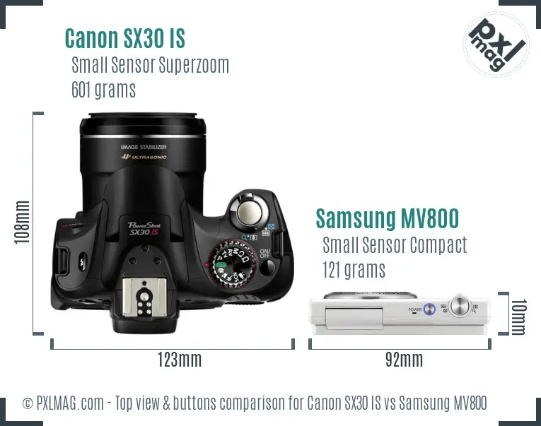 Canon SX30 IS vs Samsung MV800 top view buttons comparison