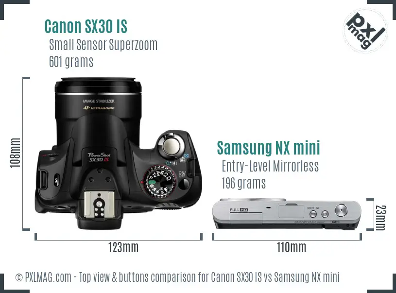 Canon SX30 IS vs Samsung NX mini top view buttons comparison Canon SX30 IS vs Samsung NX mini top view buttons comparison