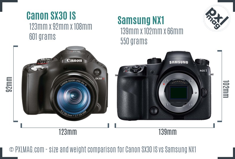Canon SX30 IS vs Samsung NX1 size comparison