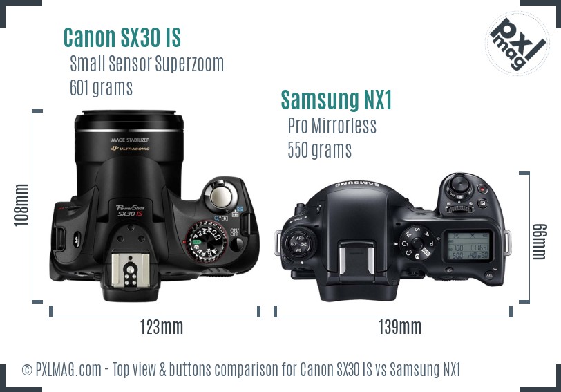 Canon SX30 IS vs Samsung NX1 top view buttons comparison