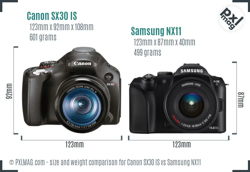 Canon SX30 IS vs Samsung NX11 size comparison Canon SX30 IS vs Samsung NX11 size comparison