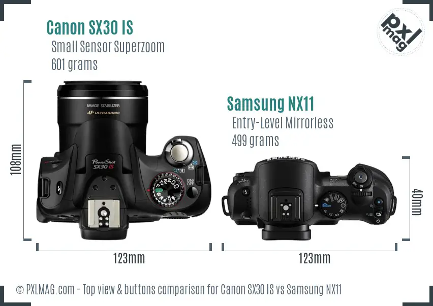 Canon SX30 IS vs Samsung NX11 top view buttons comparison Canon SX30 IS vs Samsung NX11 top view buttons comparison