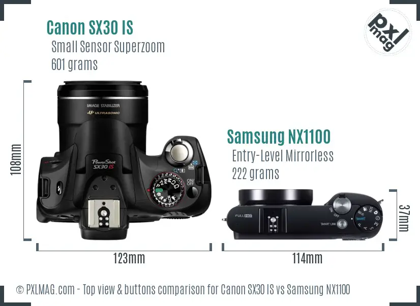 Canon SX30 IS vs Samsung NX1100 top view buttons comparison