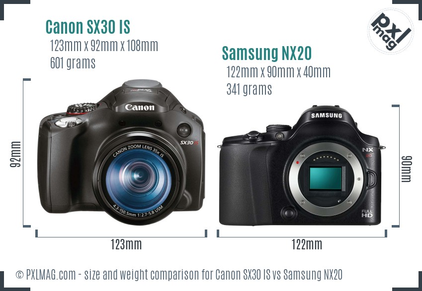 Canon SX30 IS vs Samsung NX20 size comparison