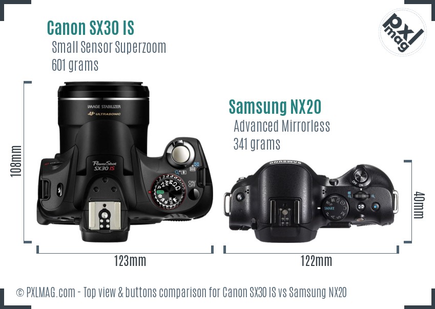 Canon SX30 IS vs Samsung NX20 top view buttons comparison