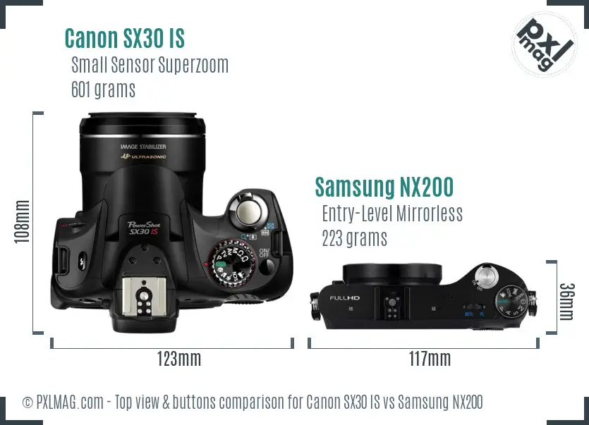 Canon SX30 IS vs Samsung NX200 top view buttons comparison