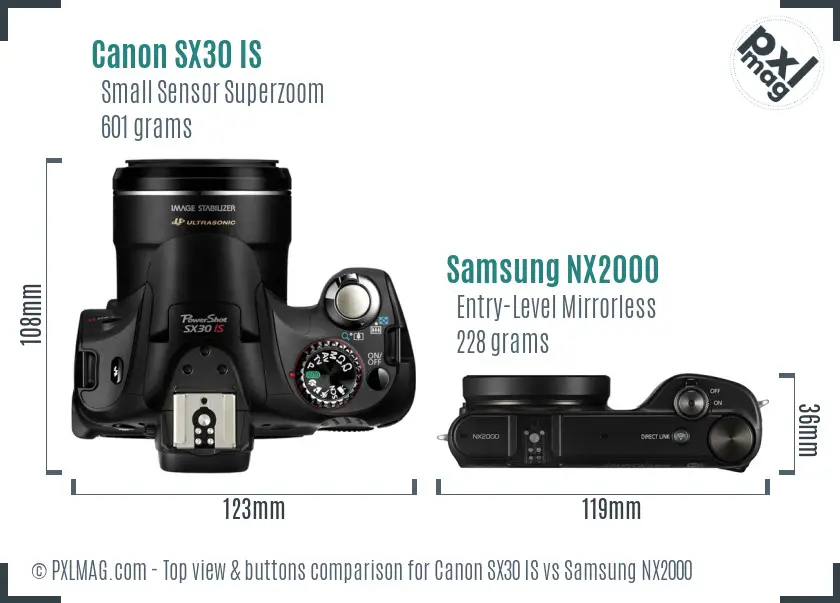 Canon SX30 IS vs Samsung NX2000 top view buttons comparison