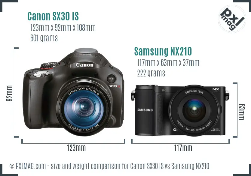 Canon SX30 IS vs Samsung NX210 size comparison Canon SX30 IS vs Samsung NX210 size comparison