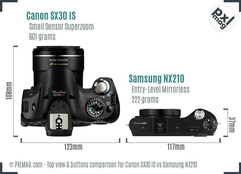 Canon SX30 IS vs Samsung NX210 top view buttons comparison Canon SX30 IS vs Samsung NX210 top view buttons comparison