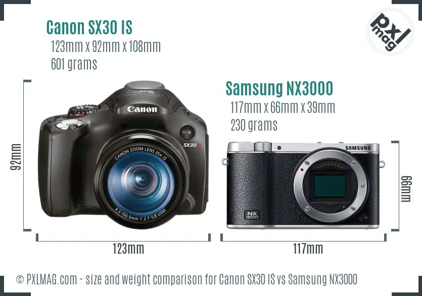 Canon SX30 IS vs Samsung NX3000 size comparison