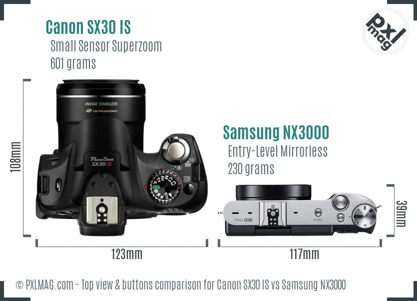 Canon SX30 IS vs Samsung NX3000 top view buttons comparison