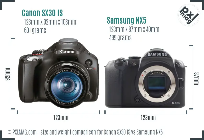 Canon SX30 IS vs Samsung NX5 size comparison