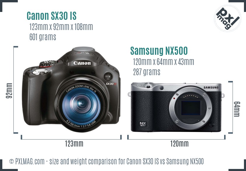 Canon SX30 IS vs Samsung NX500 size comparison Canon SX30 IS vs Samsung NX500 size comparison