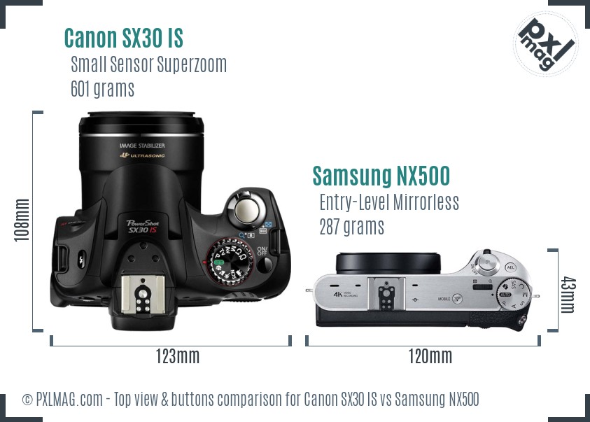 Canon SX30 IS vs Samsung NX500 top view buttons comparison
