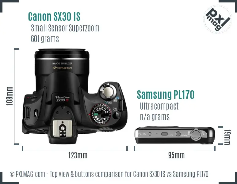 Canon SX30 IS vs Samsung PL170 top view buttons comparison