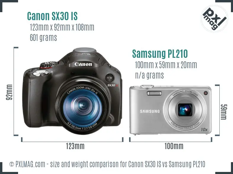 Two cameras side by side showing Canon SX30 IS's larger SLR-like body versus Samsung PL210's sleek slimness