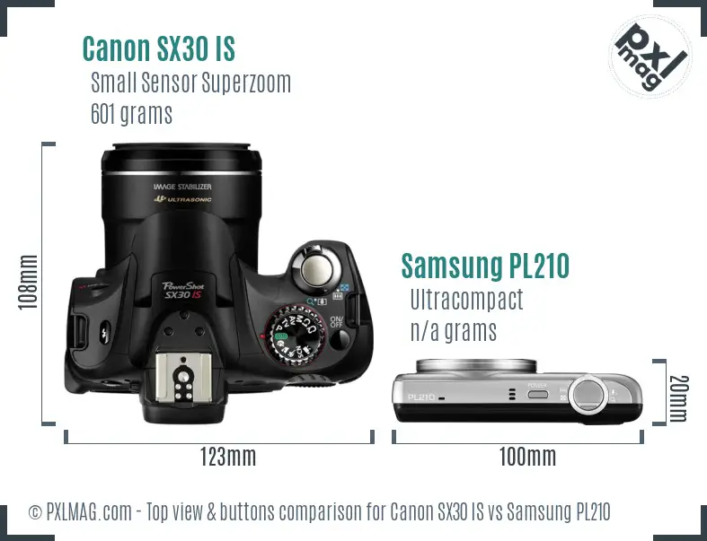Top view comparison of Canon SX30 IS showing physical mode dials and controls versus Samsung PL210 minimalist top panel