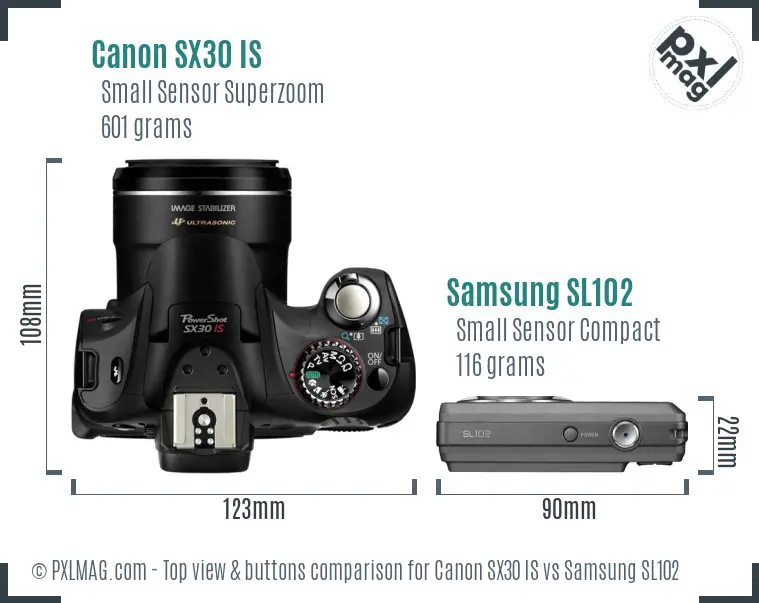 Canon SX30 IS vs Samsung SL102 top view buttons comparison