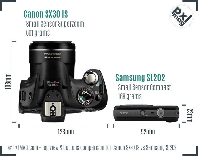 Canon SX30 IS vs Samsung SL202 top view buttons comparison