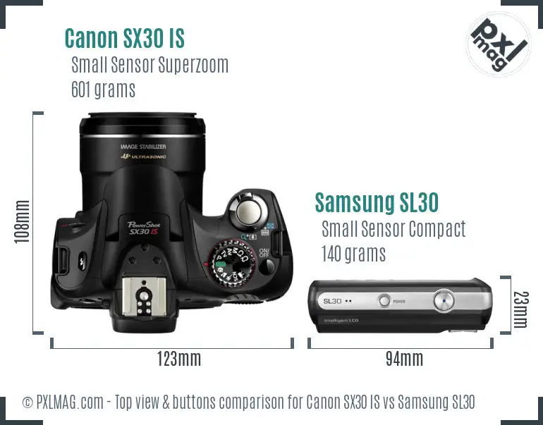 Canon SX30 IS vs Samsung SL30 top view buttons comparison