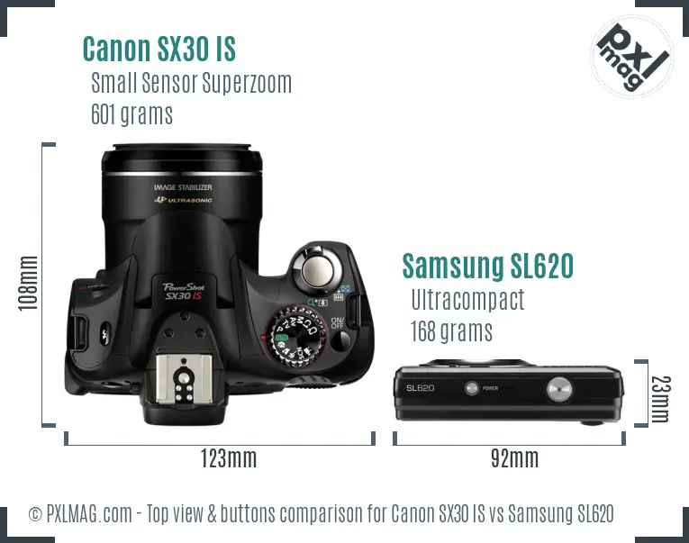 Canon SX30 IS vs Samsung SL620 top view buttons comparison