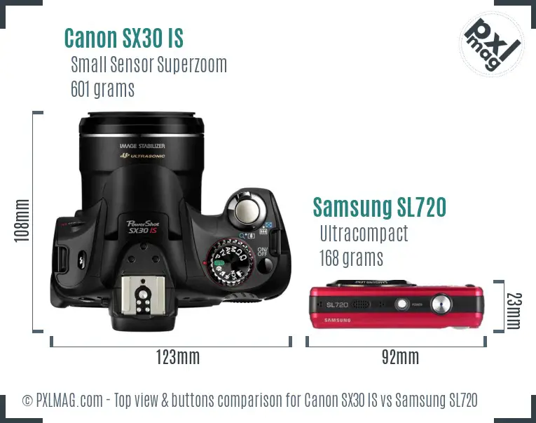 Canon SX30 IS vs Samsung SL720 top view buttons comparison