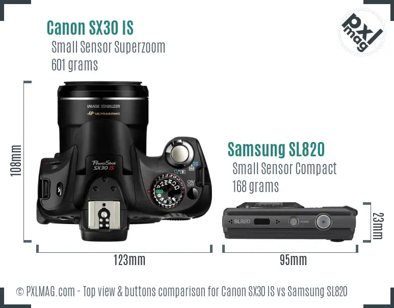 Canon SX30 IS vs Samsung SL820 top view buttons comparison Canon SX30 IS vs Samsung SL820 top view buttons comparison