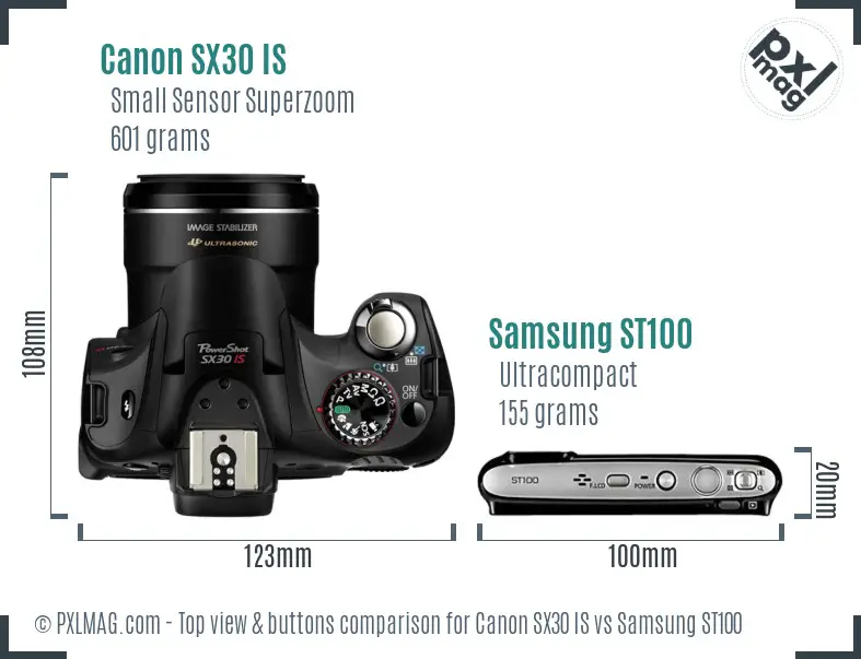 Canon SX30 IS vs Samsung ST100 top view buttons comparison