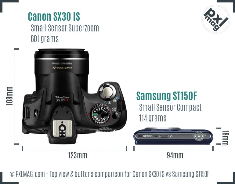 Canon SX30 IS vs Samsung ST150F top view buttons comparison