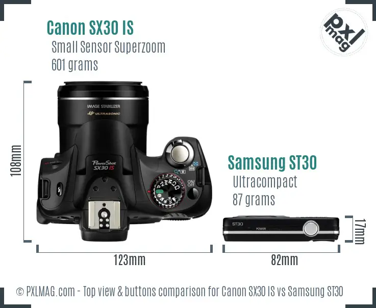 Canon SX30 IS vs Samsung ST30 top view buttons comparison