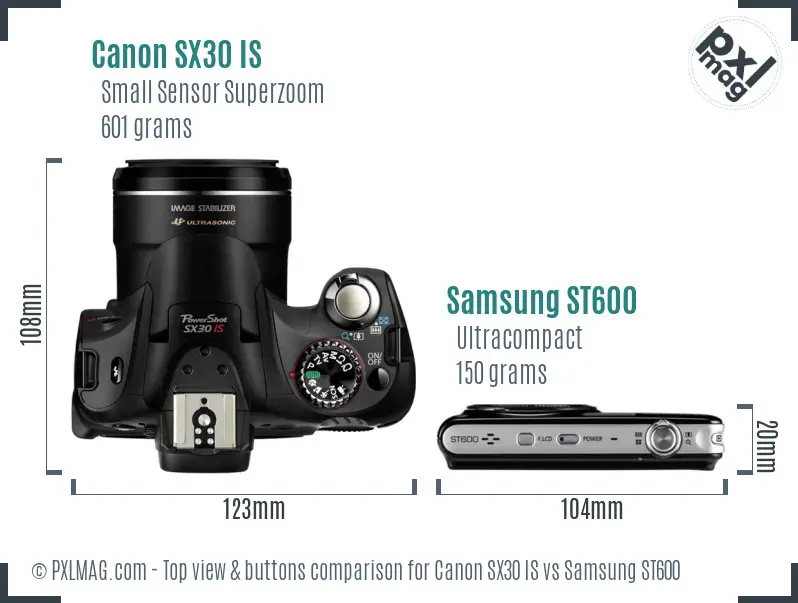 Canon SX30 IS vs Samsung ST600 top view buttons comparison