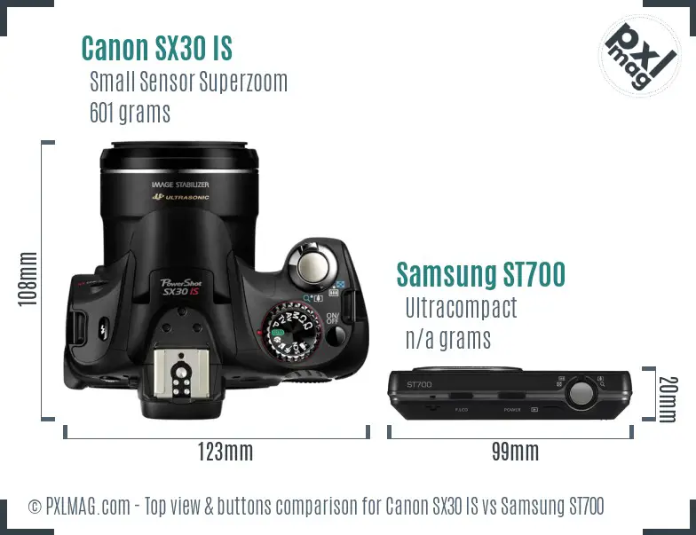 Canon SX30 IS vs Samsung ST700 top view buttons comparison Canon SX30 IS vs Samsung ST700 top view buttons comparison