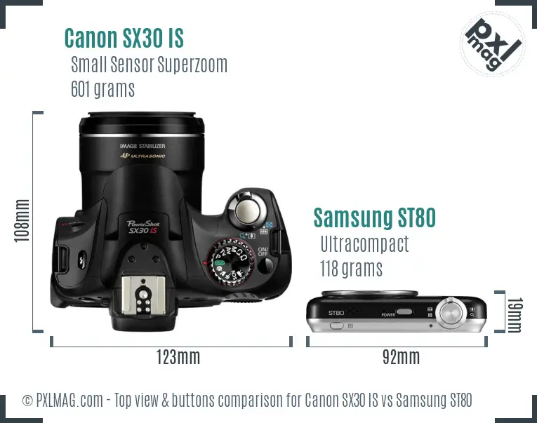 Canon SX30 IS vs Samsung ST80 top view buttons comparison