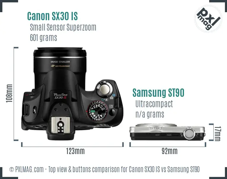 Canon SX30 IS vs Samsung ST90 top view buttons comparison