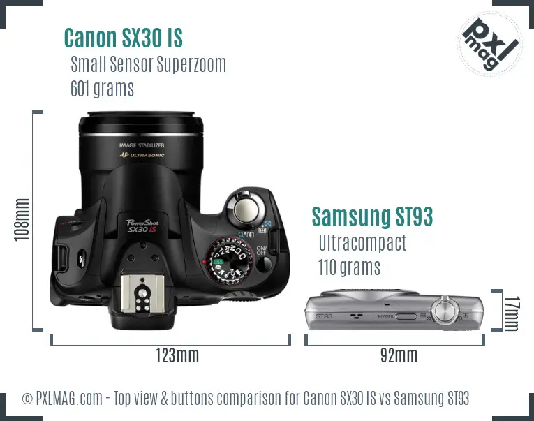 Canon SX30 IS vs Samsung ST93 top view buttons comparison Canon SX30 IS vs Samsung ST93 top view buttons comparison