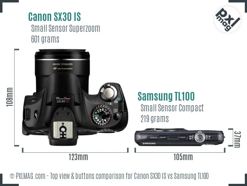 Canon SX30 IS vs Samsung TL100 top view buttons comparison