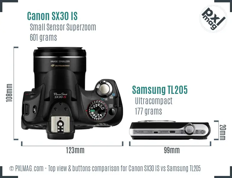 Canon SX30 IS vs Samsung TL205 top view buttons comparison