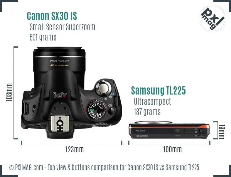 Canon SX30 IS vs Samsung TL225 top view buttons comparison