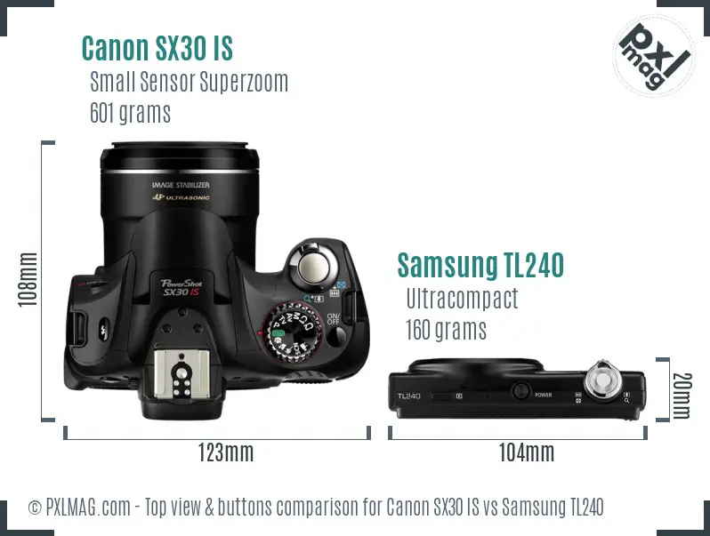 Canon SX30 IS vs Samsung TL240 top view buttons comparison