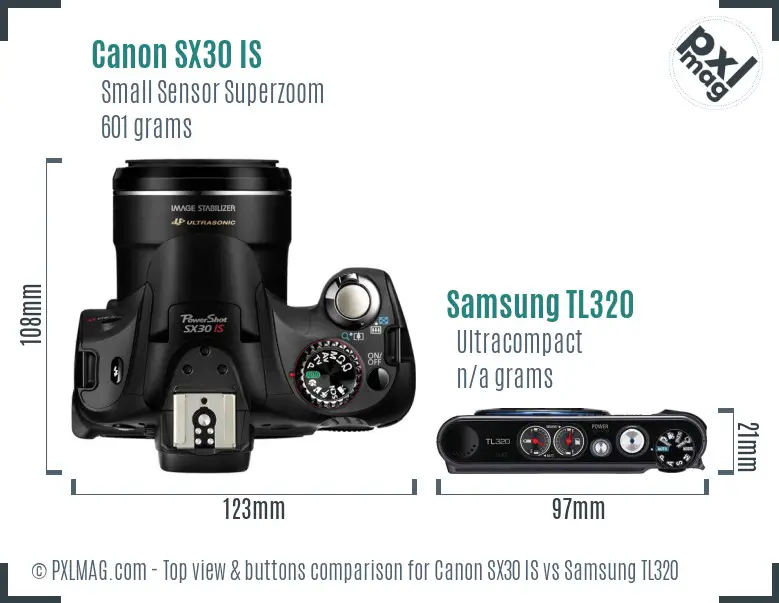 Canon SX30 IS vs Samsung TL320 top view buttons comparison