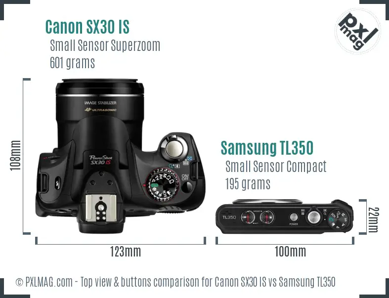 Canon SX30 IS vs Samsung TL350 top view buttons comparison
