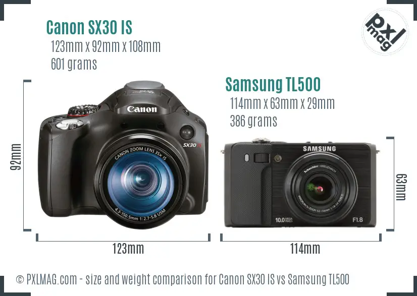 Canon SX30 IS vs Samsung TL500 size comparison