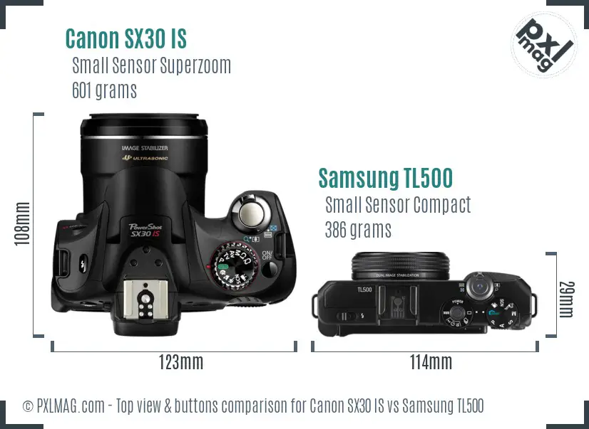 Canon SX30 IS vs Samsung TL500 top view buttons comparison
