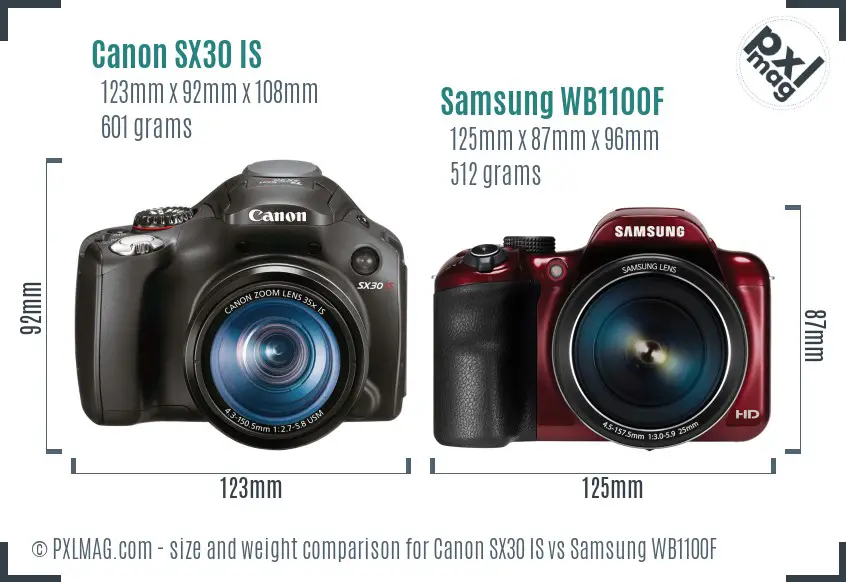 Canon SX30 IS vs Samsung WB1100F size comparison