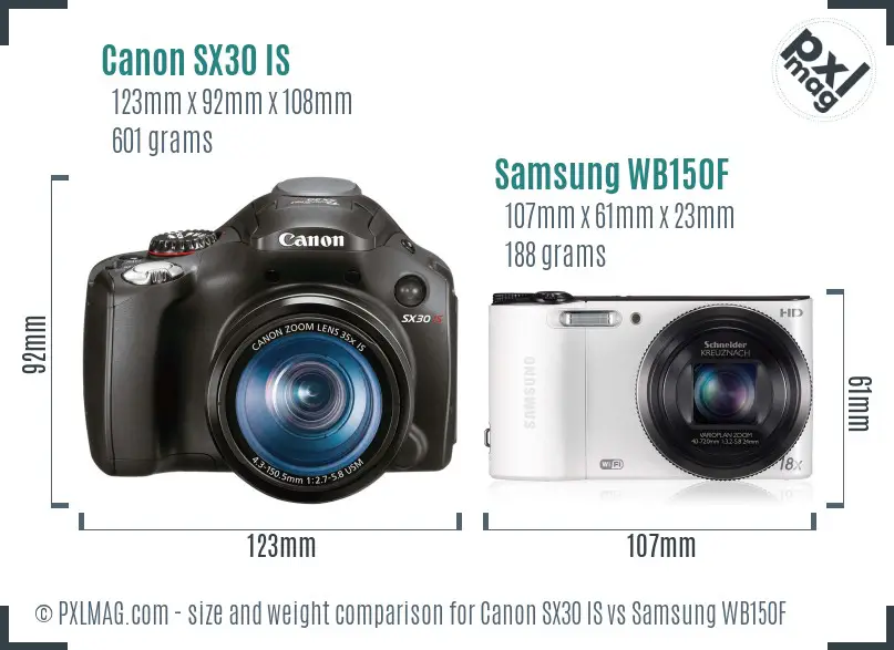 Canon SX30 IS vs Samsung WB150F size comparison