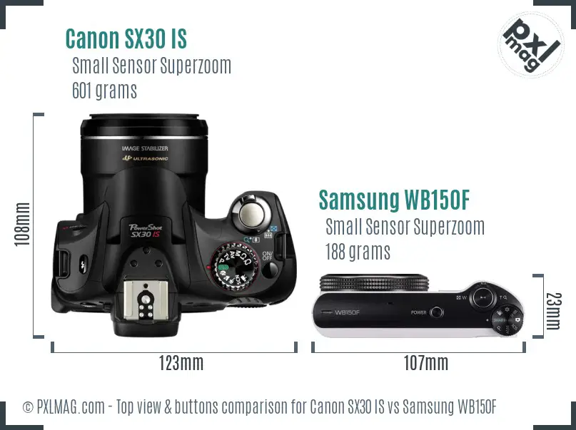 Canon SX30 IS vs Samsung WB150F top view buttons comparison