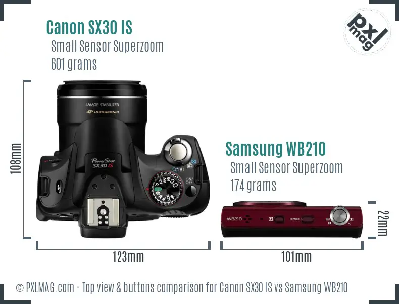 Canon SX30 IS vs Samsung WB210 top view buttons comparison