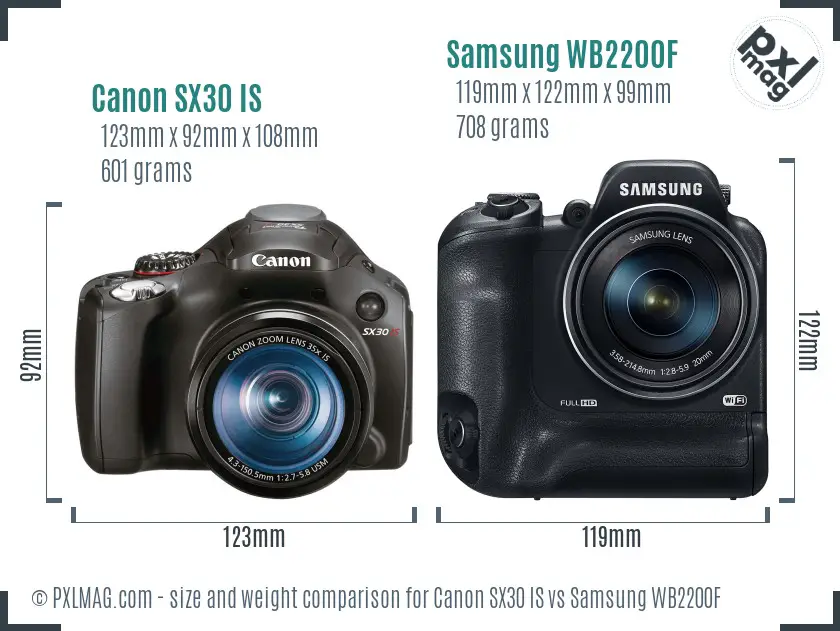 Canon SX30 IS vs Samsung WB2200F size comparison