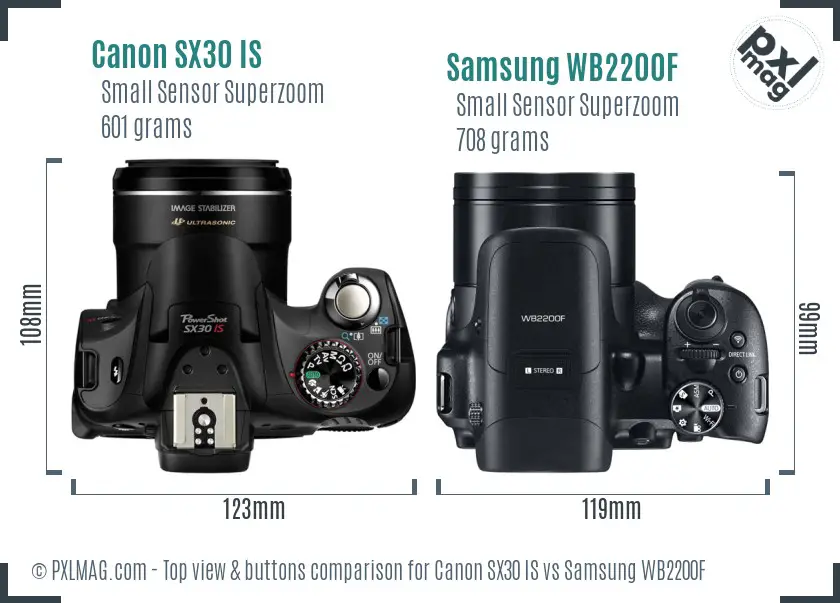 Canon SX30 IS vs Samsung WB2200F top view buttons comparison