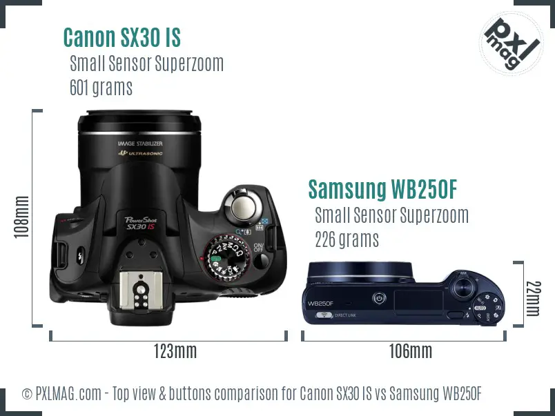 Canon SX30 IS vs Samsung WB250F top view buttons comparison
